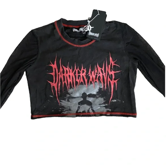 Darker Wavs DollsKill | NWT’s cyber Y2K mesh cropped graphic gothic grunge top - Picture 2 of 6